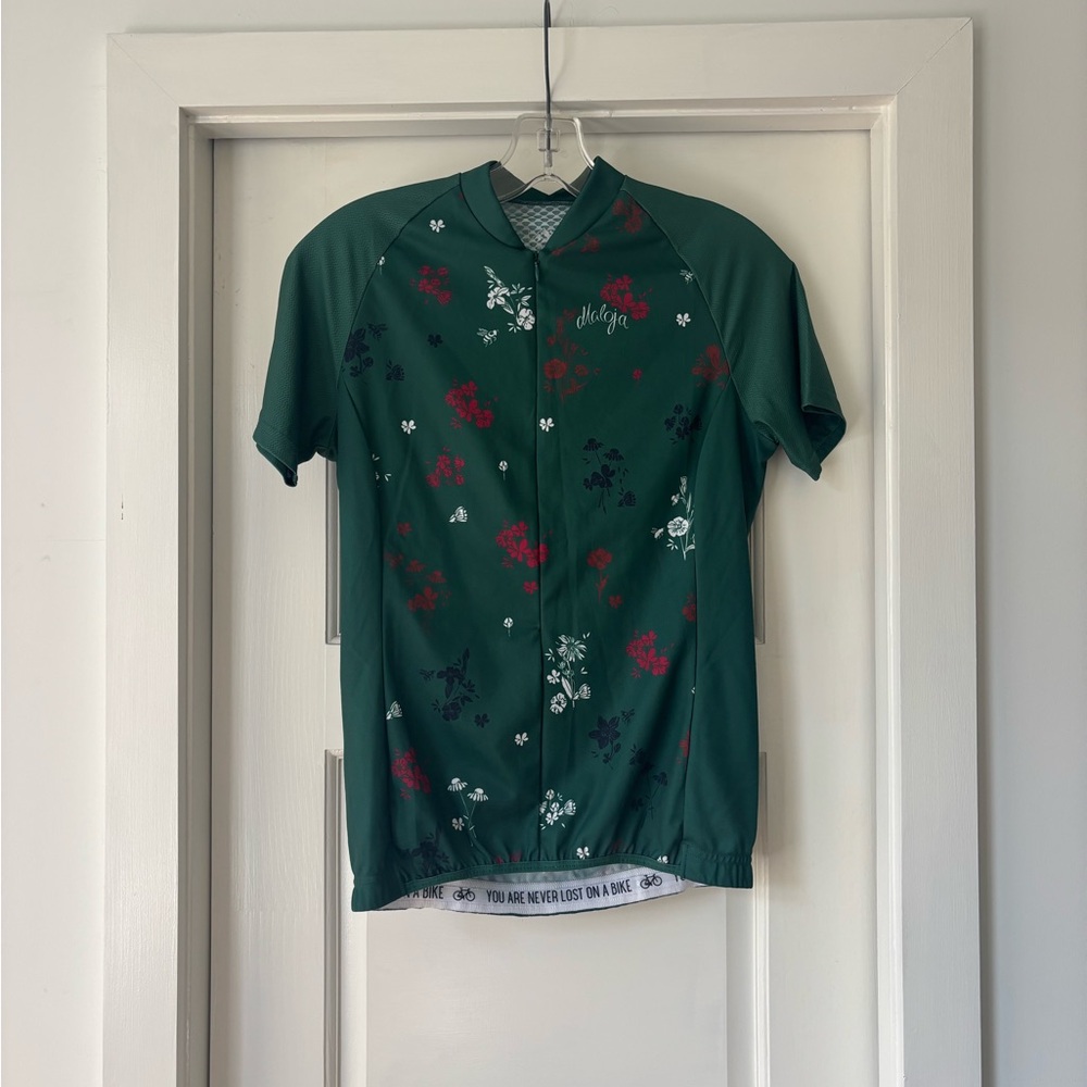 Green and Red Cycling Jersey with Floral Accents